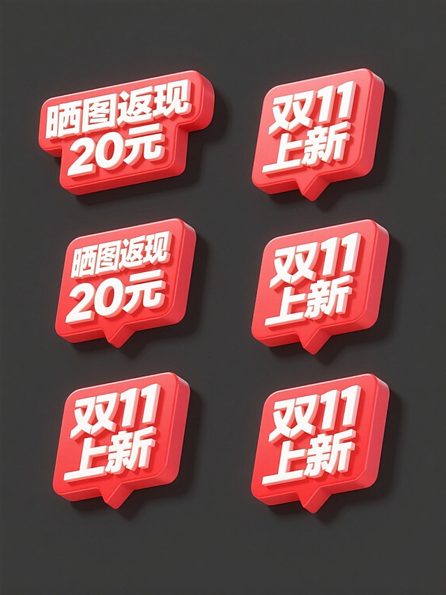 3D浮雕风对话框标签，大字醒目，红白配色强化促销感，双11上新主题突出，视觉冲击力强。