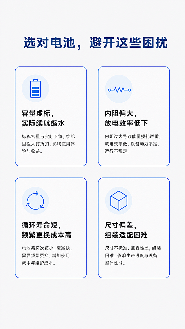 [第2屏] 痛点直击，储能动力电池选购常见困扰分析。无需用户产品图。
[氛围/风格] 简约问题导向风格，浅灰色背景，清晰文字排版，干净专业。
[元素布局] 顶部大标题区，中部四个痛点卡片分两行两列排列，每个卡片配一个简约图标占位，文字左对齐。卡片之间留足间距，整体透气不拥挤。
[光影质感] 均匀柔和散射光，文字清晰无阴影，卡片层次分明。
[配色色系] 全局底色：#F5F5F5（浅灰）；文字：#333333（深灰）；卡片边框：#165DFF（蓝色）；标签背景：#E8F3FF。
[视角构图] 纯信息排版，居中对称布局，顶部标题+中部四卡片+底部留白。
[文字版式] 顶部居中大标题"选对电池，避开这些困扰"深蓝色粗体。四个痛点卡片分别为："容量虚标，实际续航缩水"、"内阻偏大，放电效率低下"、"循环寿命短，频繁更换成本高"、"尺寸偏差，组装适配困难"，每个卡片标题加粗，下方一句小字补充说明，文字清晰可读，字号适配手机阅读。
[比例分辨率] 宽度1080像素，高度1920像素，9:16竖版，4K分辨率，文字清晰可辨。
[负向提示词] 文字错乱，颜色对比过低，排版拥挤，水印，广告诱导按钮，极限词。