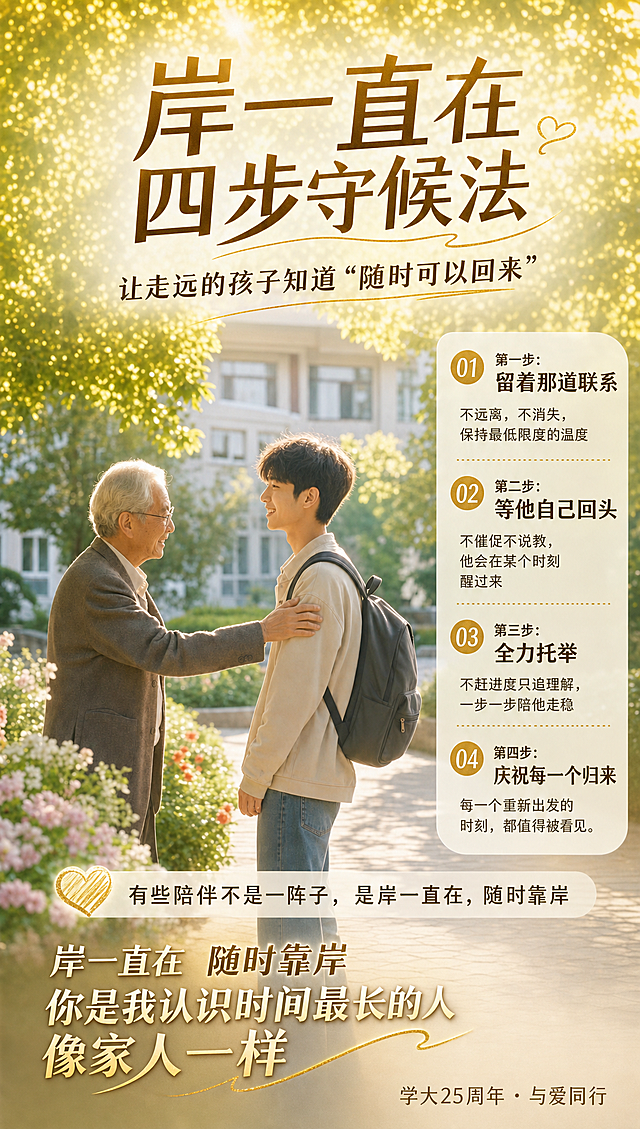 在这张图片中填入文字，主标题是"岸一直在 四步守候法"，副标题是"让走远的孩子知道'随时可以回来'"，分四个步骤小标题：第一步：留着那道联系 不远离，不消失，保持最低限度的温度，第二步：等他自己回头 不催促不说教，他会在某个时刻醒过来，第三步：全力托举 不赶进度只追理解，一步一步陪他走稳，第四步：庆祝每一个归来 每一个重新出发的时刻，都值得被看见。添加文案"有些陪伴不是一阵子，是岸一直在，随时靠岸"，底部添加大标题"岸一直在 随时靠岸"、"你是我认识时间最长的人
像家人一样"，右下角添加"学大25周年 · 与爱同行"，文字排版合理灵动，画面整体高端大气，生动有朝气，保持原图的风景和人物不变