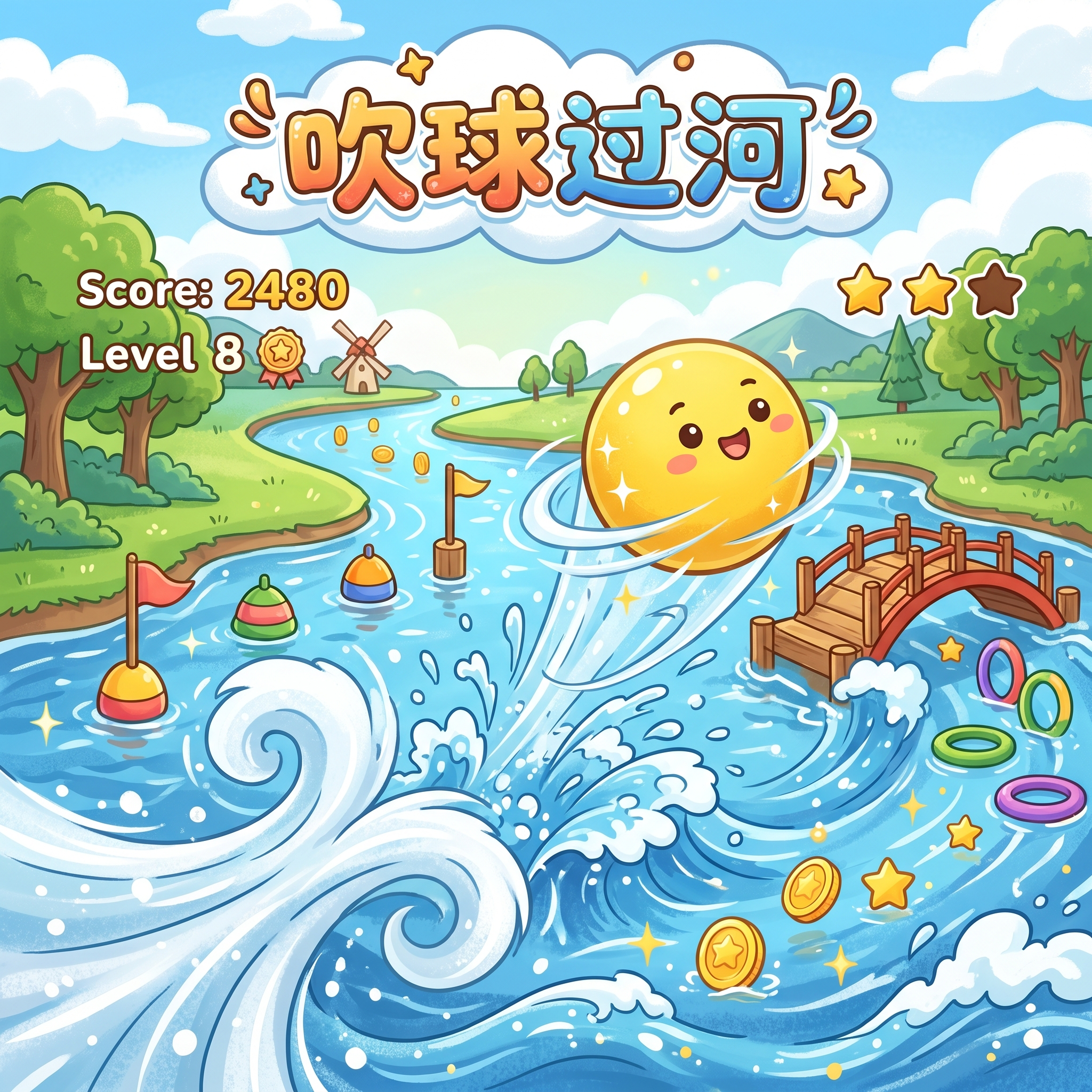 插画风格，休闲游戏画面：一股气息吹动着黄色小球正在穿越水面上的… - 图片创意预览