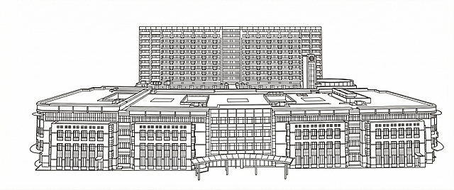 将这张图片转换为黑白线稿风格，保留建筑轮廓和结构线条