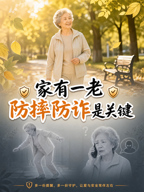 竖版小红书海报封面，画面比例3:4，写实+手绘结合风格。延续上下双半对比风险警示设计。
上半部分明亮暖色调：一位65-75岁的银发女性老人在公园里悠闲散步，阳光透过树叶洒在她身上，她面带微笑神态安详，预览效果