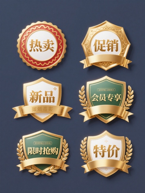 纯色背景上，6个完全不同元素内容的系列促销标签素材集合规整排布，保持原图精致华丽的金色徽章风格，整体色彩变换为[此处可插入目标色彩，如：深邃蓝金渐变/典雅红金搭配/清新绿金组合等]，每个标签均为圆形或盾形轮廓，边缘有细腻的金色花纹装饰（如波浪纹、圆点纹、齿轮纹），中心为白色底色，上面用金色立体艺术字书写不同促销文案，包括“热卖”、“促销”、“新品”、“会员专享”、“限时抢购”、“特价”，每个标……预览效果