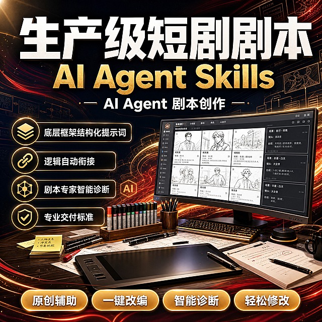 [单张主图] 生产级短剧剧本 AI Agent 创作技能课程，爆款促销感主图路线，1:1淘宝天猫电商主图。目标是3秒内让用户看懂这是AI短剧剧本创作工具课，突出专业交付和四大核心能力，激发点击与转化。

[参考比对] 参考图采用国潮红黑金配色，顶部大标题+英文副标题，左侧四个图标卖点，右侧电脑屏幕展示分镜剧本画面，底部桌面有手绘板、马克笔、剧本稿纸等创作道具，底部四个圆形功能按钮。生成时保留红金黑专业品质调性和创作场景氛围，但更换背景为更具科技感的流动光效+抽象剧本分镜线条，强化电商主图的信息层级和冲击力，采用顶部大标题型爆款版式，卖点更突出，整体更像电商主图而非课程海报。

[画面主体] 右侧偏下位置放置一台专业创作工作站：27寸曲面显示器屏幕上清晰展示短剧分镜剧本界面，有人物分镜草图、台词框、场景标注，体现AI剧本创作的真实产出；显示器前方桌面摆放数位手绘板、多色马克笔、剧本打印稿、钢笔、便签纸等创作道具，错落有致，营造专业剧本创作工作室氛围。主体区域占画面约50%，道具细节丰富真实。

[构图版式] 采用顶部大标题型爆款版式。顶部25%区域放超大主标题和英文副标题；中部右侧为电脑+桌面创作场景主体，左侧为四大核心卖点图标区；底部20%区域放四个圆角功能胶囊按钮，形成稳定的三段式结构，信息层级分明。

[场景元素] 背景更换为深邃的藏青黑色渐变，融入流动的暗红色国潮水纹光效和金色抽象剧本分镜线条、对话框、故事板节点等科技感元素，用微弱的粒子光点点缀，营造专业、高端、有科技感的AI创作氛围。背景有层次感，前实后虚，不抢主体。左上角可加入微弱的金色光晕效果增强品质感。

[文案版式] 顶部居中超大主标题：「生产级短剧剧本」，白色粗黑体，字重极粗，字号最大，下方一行金色英文副标题：「AI Agent Skills」，再下方一行白色稍小字：「AI Agent 剧本创作」。

左侧纵向排列四个卖点图标卡，每个为金色圆角图标+白色文字，从上到下依次：
第一层图标+文字：「底层框架结构化提示词」
第二层图标+文字：「逻辑自动衔接」
第三层图标+文字：「剧本专家智能诊断」
第四层图标+文字：「专业交付标准」
每个卖点图标为简约线性图标配金色描边，文字左对齐，清晰易读。

底部横向排列四个金色渐变圆角胶囊按钮，白色文字，从左到右：「原创辅助」「一键改编」「智能诊断」「轻松修改」，按钮大小一致，间距均匀，底部居中对齐。

[光影质感] 商业级产品摄影质感，主光从左上方45度打下，在桌面形成柔和的投影；显示器屏幕有自然的发光效果，照亮周围桌面；金属笔具和数位板有真实的高光反射；整体光影层次丰富，暗部有细节，亮部不过曝，营造专业工作室的真实沉浸感。

[配色字体] 主色调：藏青黑+国潮红+鎏金；背景主色为深黑藏青色，装饰元素用暗红色流动水纹和金色线条；标题白色，强调文字金色，卖点说明白色；字体全部使用粗黑体无衬线字体，主标题字重最粗，副标题次之，卖点文字常规字重，层级清晰；金色使用渐变金属质感，避免平涂。

[比例分辨率] 1:1正方形，2048x2048像素，2K高清，所有文字清晰可辨，边缘锐利。

[负向提示词] 禁止变形、禁止错字糊字、禁止水印、禁止平台Logo、禁止人物面部、禁止杂乱背景、禁止低清晰度、禁止产品悬浮、禁止穿模、禁止伪Logo、禁止色彩溢出、禁止文字遮挡主体关键区域。