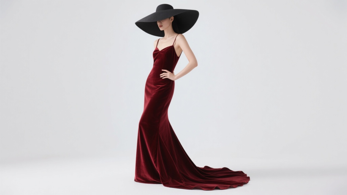 一位女性侧身站立，头戴宽大黑色礼帽，帽檐遮住面部，单手叉腰，姿态优雅。她身着一袭酒红色丝绒吊带长裙，裙摆呈鱼尾状自然垂落并拖曳于地，面料光泽柔和，褶皱层次丰富。整体画面为纯白色背景，光线明亮均匀，突出主体人物的优雅轮廓与服装的质感，营造出简约高级的时尚氛围。预览效果
