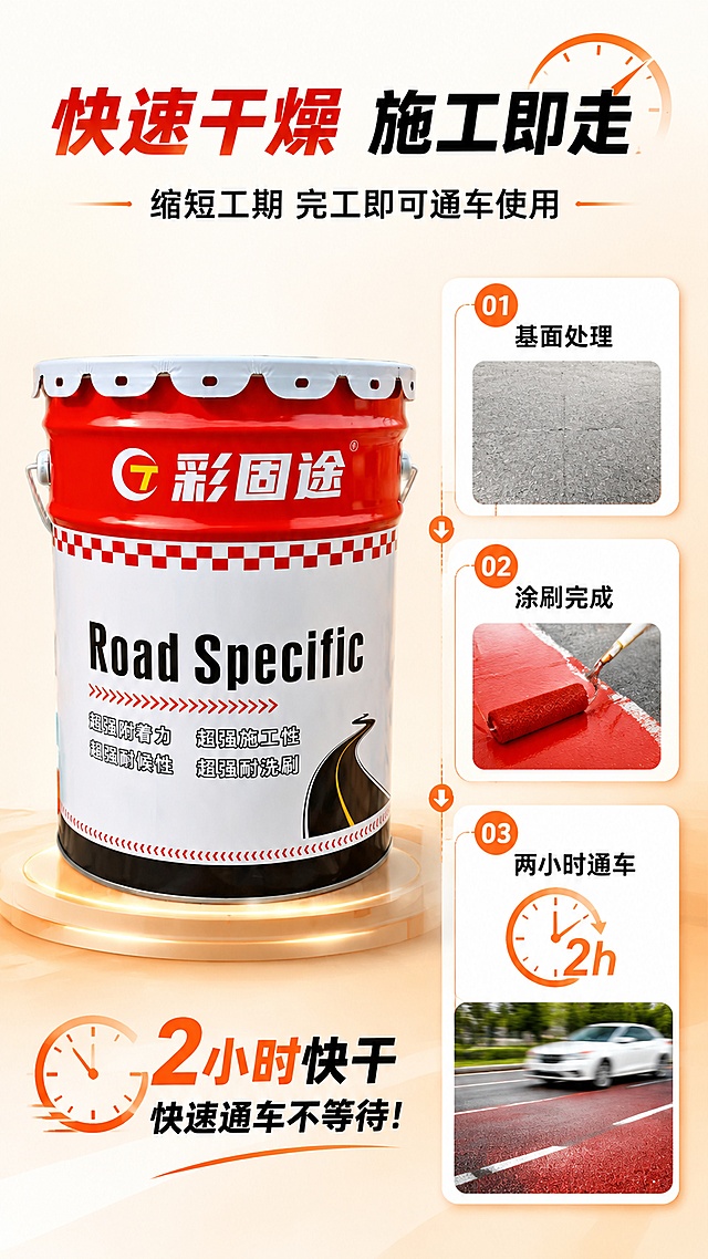 [第4屏] 精致卖点页，讲解双丙聚氨酯罩面漆快干通车特性。本屏使用抠图后的【图2】作为产品主体。
[氛围/风格] 高效动感，清晰大气，突出施工效率优势。
[元素布局] 顶部主标题，中部左侧产品展示，右侧展示施工时间线：施工前基面→涂刷完成→2小时后车辆通行，三步清晰展示快干特性，用时钟图标标注干燥时间，产品外观保持与原图一致。背景用浅橙色渐变烘托高效主题，信息块用圆角白色卡片承载。
[光影质感] 明亮均匀光照，每个信息模块都清晰可见，产品光影自然。
[配色色系] 全局底色 #FFF9F5，主色产品红白色，辅助色浅橙点缀，黑色文字清晰可读。
[视角构图] 上下分层结构，信息层级分明，阅读流畅。
[文字版式] 顶部主标题「快速干燥 施工即走」，副标题「缩短工期 完工即可通车使用」，三个时间节点分别配文字：基面处理 → 涂刷完成 → 两小时通车，文字层级清晰，大小适中。
[比例分辨率] 9:16 竖版比例，4K分辨率，文字清晰可辨，高清画质。
[负向提示词] 产品变形，包装文字错误，水印，文字过小，构图杂乱