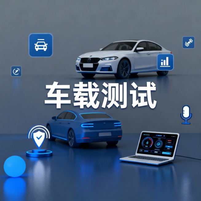 仅将主标题文字“车载测试体验课”修改为“车载测试”，保留所有背景元素、蓝白3D科技风格、图标、车辆和笔记本电脑等装饰元素都完全不变，仅调整标题排版适配新文字预览效果