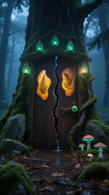 远景俯拍，在一座被永恒暮色笼罩的古老森林深处，一棵需要十人手牵手才能环抱的巨型古树下，树干中央裂开一道垂直的天然门户，深棕色的木质纹理如同凝固的河流般蜿蜒而上，门楣处悬挂着三盏用萤火虫编织的灯笼，散发着幽幽的青绿色光芒。门上镶嵌着两个不规则形状的琥珀色树脂窗，里面封存着百年前的蕨类植物标本。门把手是一截自然弯曲的老藤，末端结着一颗会随触碰变色的苔藓球。门的两侧是覆盖着荧光苔藓的巨石，地面铺满厚……预览效果