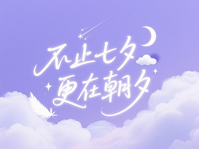 梦幻插画风，大字设计，七夕主题，云月相伴，浪漫温馨。