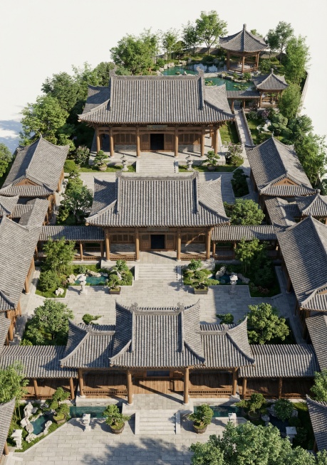 根据该屋面平面生成写实风格的3D建筑效果图，还原建筑布局，呈现古建风格的院落，搭配自然绿植，光影自然真实预览效果