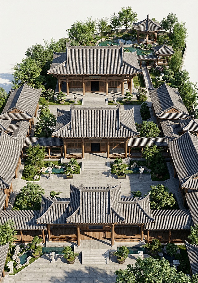 根据该屋面平面生成写实风格的3D建筑效果图，还原建筑布局，呈现古建风格的院落，搭配自然绿植，光影自然真实
