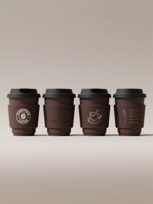 4个现代简约风格的咖啡杯，各配不同深棕色防烫杯套，顶部为哑光黑色杯盖，杯套印有不同咖啡品牌标识与咖啡相关素描图案及产品信息，均采极简产品摄影风格，主体规整排布，背景为纯净纯色，杯身杯套边缘有轻微阴影增强立体感真实质感预览效果