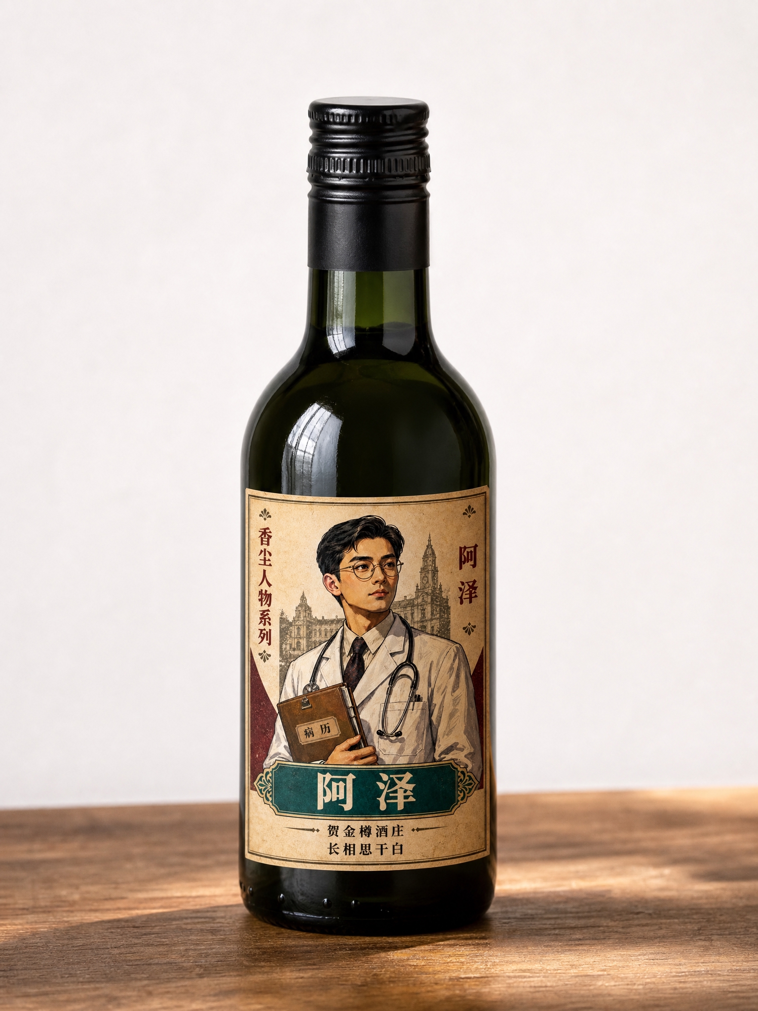 产品摄影图，一只187ml小容量深绿色玻璃红酒瓶，瓶身圆润，黑… - 图片创意预览