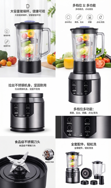 根据参考图中的破壁机产品，生成一套电商产品详情页，展示这款多功能破壁料理机，突出大容量玻璃杯、多档位功能、机身不锈钢材质，整体设计简洁专业，突出产品卖点，适合电商展示预览效果