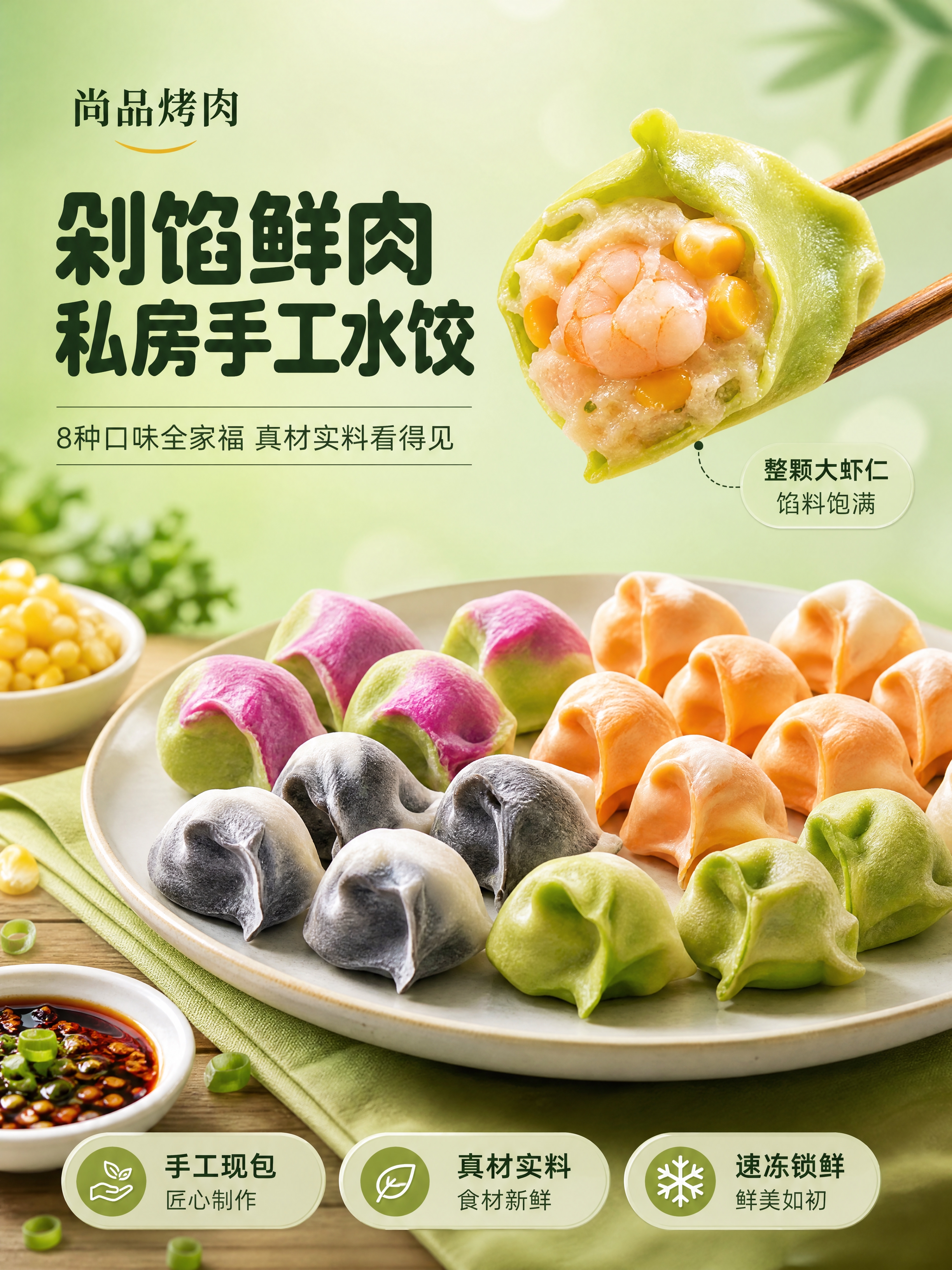 [商品] 使用【图1】绿色皮玉米虾仁饺子（筷子夹着、对半掰开、… - 图片创意预览