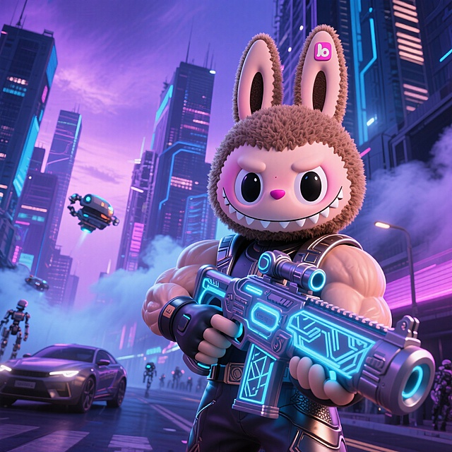 它手拿机关枪在赛博朋克场景里