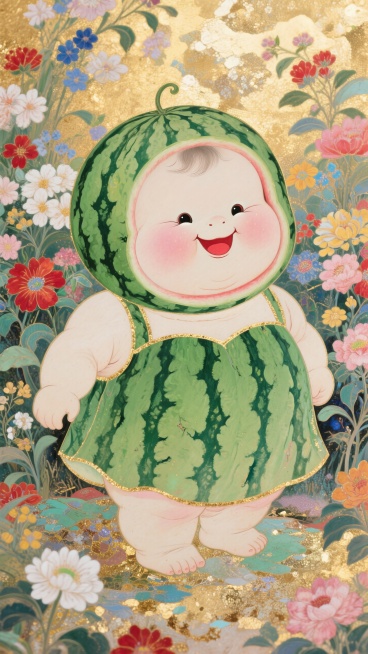 拟人化的西瓜宝宝，萌萌哒，胖嘟嘟的，身穿西瓜皮造型的连身裙，背景花丛预览效果