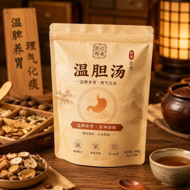 「图片1」，生成一套主图（5张），商品名称是温胆汤，卖点是温脾养胃，适用微信小店平台，主图比例为1:1预览效果