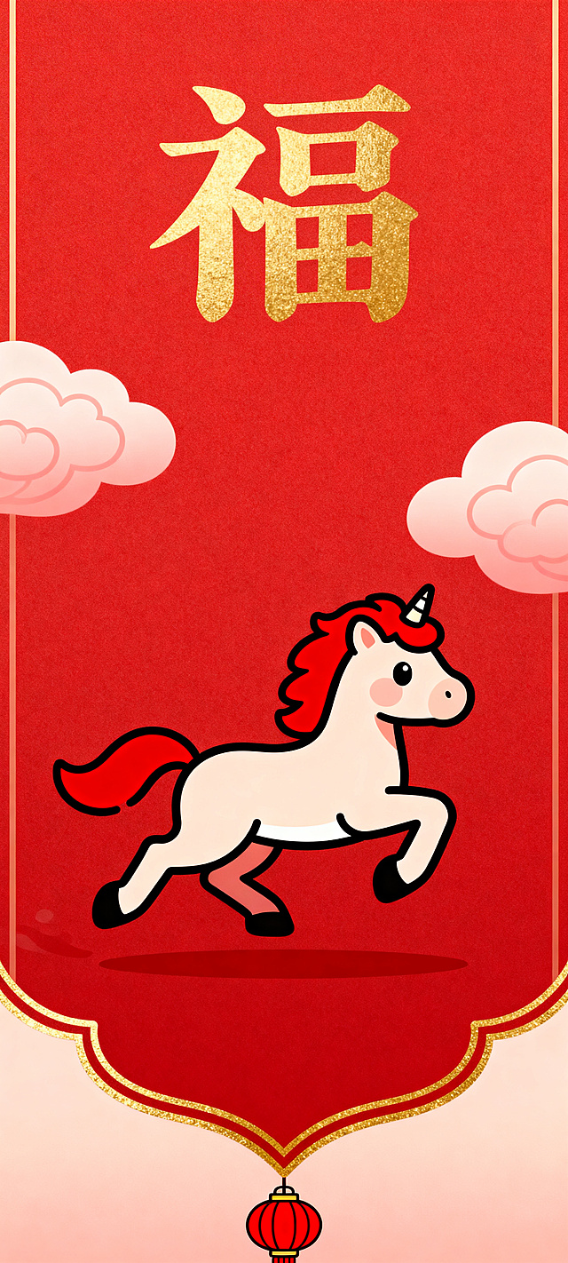 竖屏4K超清国潮新中式新年手机壁纸，融入马年元素，喜庆红色为主的撞色设计，现代插画风格，线条干净利落，搭配简约福字、祥云、灯笼元素，年轻潮流不土气，充满高级感