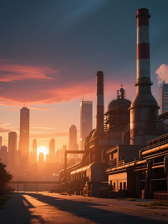 o画面：结尾思考画面：夕阳下的工厂与城市天际线同框，光线逐渐变暗，留下余味
o运镜：缓慢拉远并轻微上升，让两种天际线同时进入画面，最后自然淡出收尾。