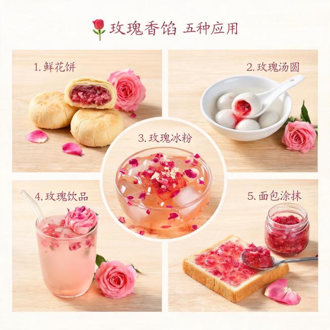 一张1:1拼接的清新风格高清场景图，展示玫瑰花馅的五种不同应用：鲜花饼、汤圆、冰粉、饮品、面包涂抹，整体色调清新自然，每种产品清晰排列展示，突出玫瑰花香原料特质，高清画质预览效果
