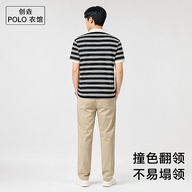 [主图-2] 年轻男模特背面展示黑色条纹POLO衫。
[氛围风格] 同主图1一致的商务休闲高级感。
[画质] 商业摄影质感，光线柔和通透，产品清晰真实，画面干净高级。
[元素] 和主图1同一位模特，穿着黑色条纹撞色翻领POLO衫，搭配卡其色休闲裤，保持产品外观与原图一致。模特自然转身背对镜头，展示背部版型和领型。左上角保留"创垚 POLO 衣馆"边框品牌名。商品主体占比70%。
[光影] 柔光均匀，突出背部版型平整度。
[配色] 黑白主色调，浅背景保持统一。
[视角构图] 背面全身平视，完整展示。
[文字版式] 右下角标注"撞色翻领 不易塌领"，清晰不遮挡。
[比例分辨率] 1:1 2048*2048 2k 超高清