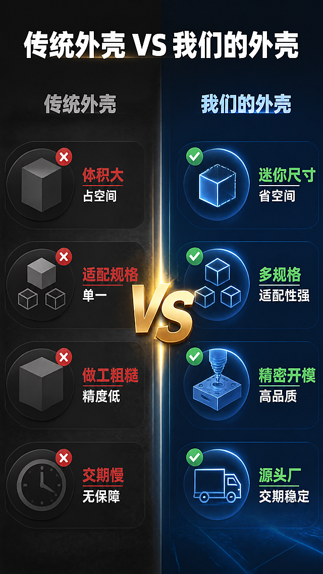 [第2张] 详情页痛点直击-传统摄像头外壳行业痛点。本张为痛点说明页，无需产品图，使用左右对比式布局呈现痛点。
[氛围/风格] 深色理性对比风，严肃专业的问题剖析氛围，工业制造质感，左右分栏对比式设计。
[元素布局] 画面左右分栏结构，左侧为传统方案痛点区（暗灰色调），右侧为我们的方案优势区（亮色科技感）；中间用VS分隔；左侧配4个痛点图标+文字，右侧配4个对应解决点；背景左侧为灰暗工业纹理，右侧为科技蓝光亮感；画面层次丰富，有前景图标、中景文字、背景纹理三层。
[光影质感] 左侧偏暗压抑，右侧明亮通透，中间有明显光影分界线，形成强烈对比效果。
[配色色系] 全局底色左深灰 #2A2D33、右深蓝黑 #1A2535；主色白色标题；辅助色红色痛点标签、绿色解决标签、蓝色科技光效。
[视角构图] 正面平视，横向对比阅读动线：左侧痛点 → 中间VS → 右侧解决方案。
[文字版式] 顶部主标题「传统外壳 VS 我们的外壳」白色粗体大字居中；左侧痛点区标题「传统外壳」灰色字，4个痛点：「体积大占空间」「适配规格单一」「做工粗糙精度低」「交期慢无保障」；右侧优势区标题「我们的外壳」蓝色字，4个优势：「迷你尺寸省空间」「多规格适配性强」「精密开模高品质」「源头厂交期稳定」；中间大号「VS」金色字分隔。
[比例分辨率] 9:16 竖版比例，4K分辨率，文字清晰可辨，高清画质。
[负向提示词] 文字错乱，文字过小，水印，背景杂乱，画面模糊，图标变形。