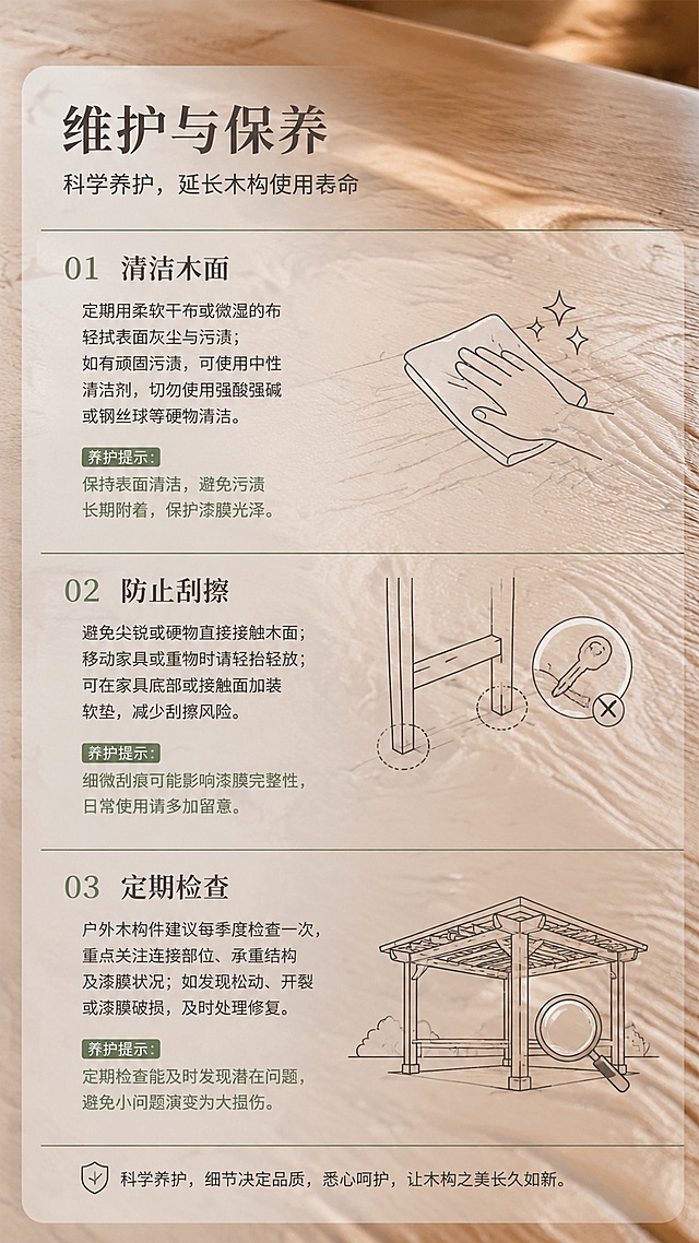 [第9屏] 维护与保养-原木漆膜底图叠加文字区块。整体调性统一低饱和。
[氛围/风格] 家居木构养护写实板块，高级简约，整体调性统一低饱和。
[元素布局] 原木漆膜完好特写作为底图，叠加半透明浅灰遮罩，分三段文字区块，搭配细节插图：清洁木面、防刮擦示意、户外定期检查木构件。区块分割线为浅墨绿，主视觉以木色、银灰为主，无大面积绿色。重点养护提示文字用浅绿高亮。
[光影质感] 柔和自然光，底图原木纹理清晰，文字区块半透明不遮挡底图细节，整体明暗舒适。
[配色色系] 原木浅棕底，半透明浅灰遮罩，主色调木色、银灰，浅墨绿仅用于分割线和高亮文字，占比低于10%。
[视角构图] 从上到下分三段文字区块，阅读动线流畅，信息层级清晰。
[文字版式] 完整放置保养维护文案，重点养护提示文字浅绿高亮，文字清晰可读，区块分割清晰。
[比例分辨率] 9:16竖版比例，8K分辨率，高清画质。
[负向提示词] 文字错乱，大面积绿色，底图模糊，遮罩不透明，文字重叠