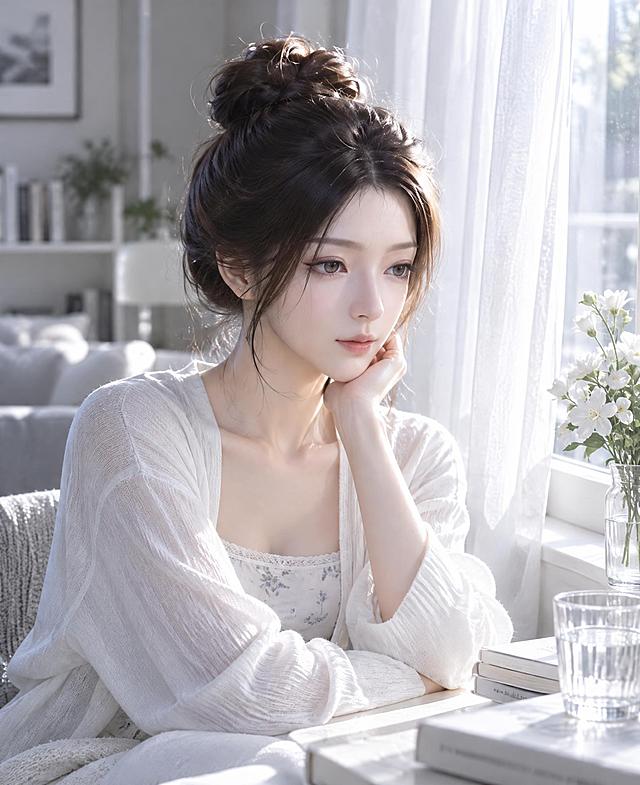 参考图中女子的面部特征，生成一张现代清新风格的写实人像照片。女子神态温柔恬静，气质清冷干净。冷白清透色调，无任何泛黄暖调滤镜，整体色彩干净通透。场景为明亮的现代室内窗边，白色薄纱窗帘透进柔和的冷调自然光，窗台上有白色小花和透明玻璃水杯，背景是简约浅灰色家居，空气中有柔和的光束与浮尘效果，画面协调自然，场景细节丰富。超写实摄影质感，高清细腻，皮肤通透自然，发丝清晰，光影柔和真实。
