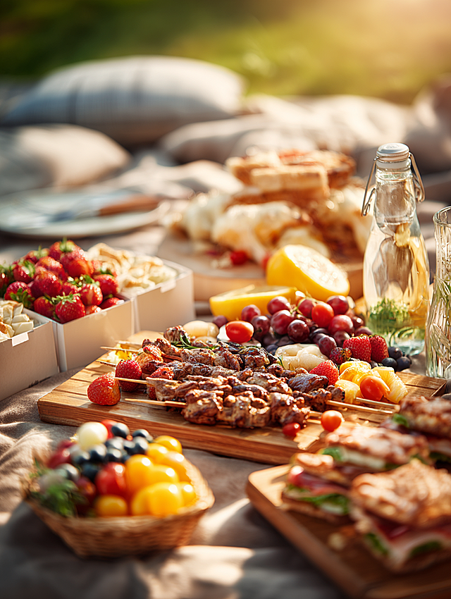 8K ultra HD, extreme realistic commercial photography, super strong sense of reality, perfect golden ratio composition, shallow depth of field effect, the foreground food subject is extremely clear and sharp, the background is clean and softly blurred, early April spring outdoor picnic scene, the core main visual is a log-colored folding camping egg-roll table, the table is filled with a combination of rich and exquisite picnic food: fragrant shiny grilled meat skewers with browned texture, sliced Italian thin-crust pizza with pulled mozzarella cheese, fresh cut chiffon cake with dense animal cream frosting, whole wheat sandwich filled with crispy vegetables, juicy and plump seasonal fresh fruit platter, with 2 food-grade matte white takeaway boxes, one box contains cut strawberries, blueberries, king grapes, mango fresh cut fruits, the other box contains packed sandwich snacks, full food texture details, visible soft pores of bread, dense pulled cheese, shiny browned texture of grilled meat, moist transparent fruit frost luster of fruits, dense smooth texture of cream, fine matte texture of takeaway box, the table is matched with unlabeled transparent glass sparkling water bottle, fresh lettuce, cluster cherry tomatoes, yellow lemon, the natural wood grain texture of the log table top is clearly visible, a beige cotton linen texture Kermit folding chair is placed next to the table, the background is a forest park in early April spring, a large area of tender green and delicate flat lawn, dense spring fresh green plants, soft spring side backlight, sunlight sprinkles gentle circular light spots through the leaves, fine dust particles floating in the air, transparent and fresh natural light and shadow, warm bright healing atmosphere, ins style, popular picnic style on Xiaohongshu, fresh and transparent color, clean and advanced picture, no extra debris, the overall picture is harmonious and natural, extremely prominent the food subject