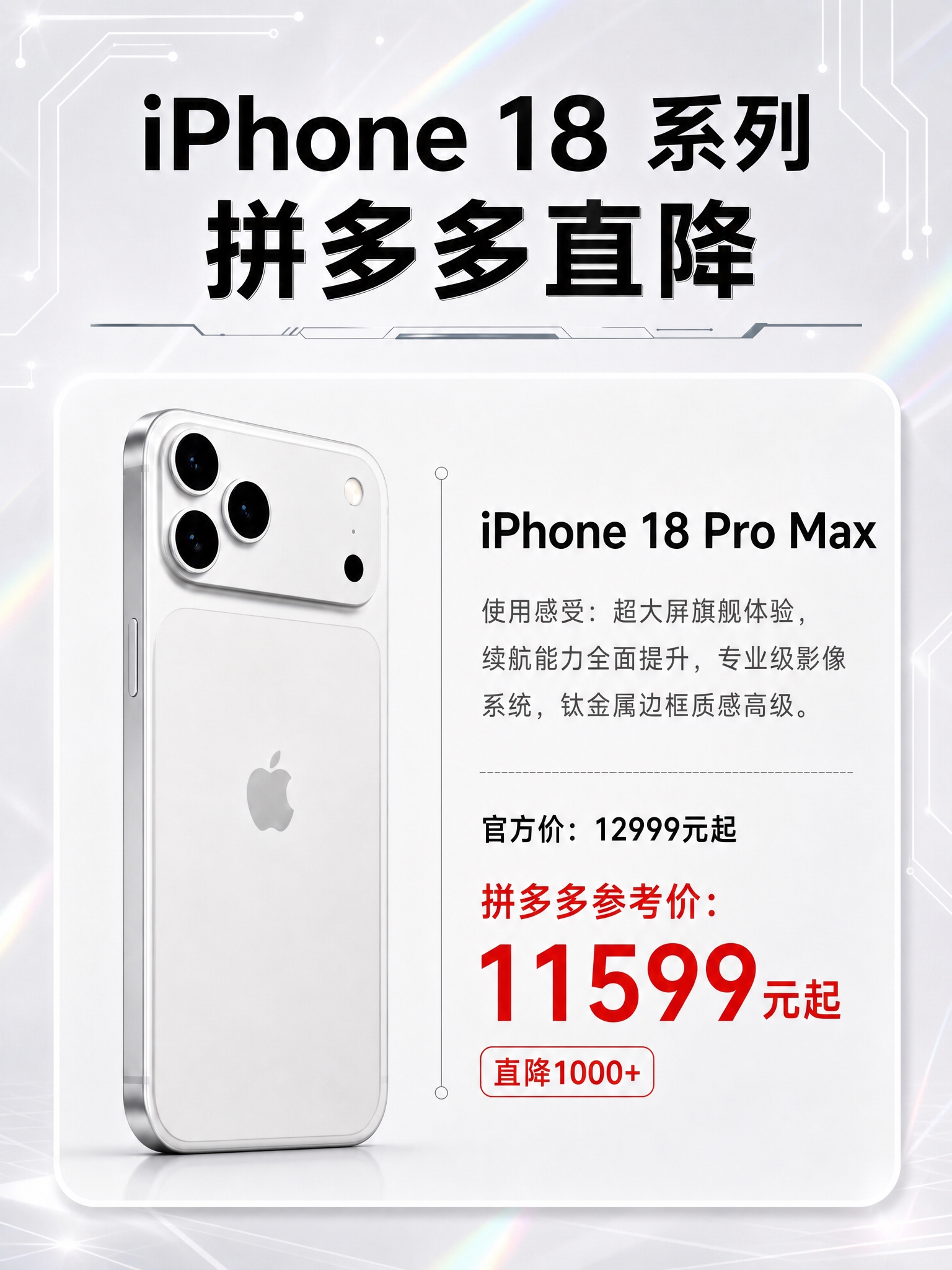 一张竖版3:4比例的iPhone 18系列手机促销海报，科技感… - 图片创意预览