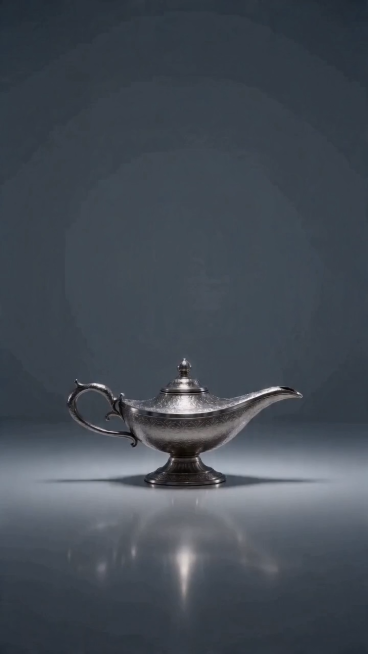 8K 超高清，15秒人与机器人握手的场景，未来科技感风格，科技感的阿拉丁神灯背景，体现人机交互，商业广告级画质，画面稳定，高质感、高格调。镜头1（0–5s）产品定场：阿拉丁神灯显灵，机器人作为阿拉丁神预览效果