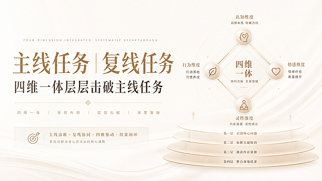 设计一张PPT，内容为“主线任务 复线任务
四维一体层层击破主线任务”，PPT整体大气简约，浅米白色背景，单一浅色配色，文字排版高级有层次感，页面干净专业，适合身心灵课程直播间展示，提升导师价值感