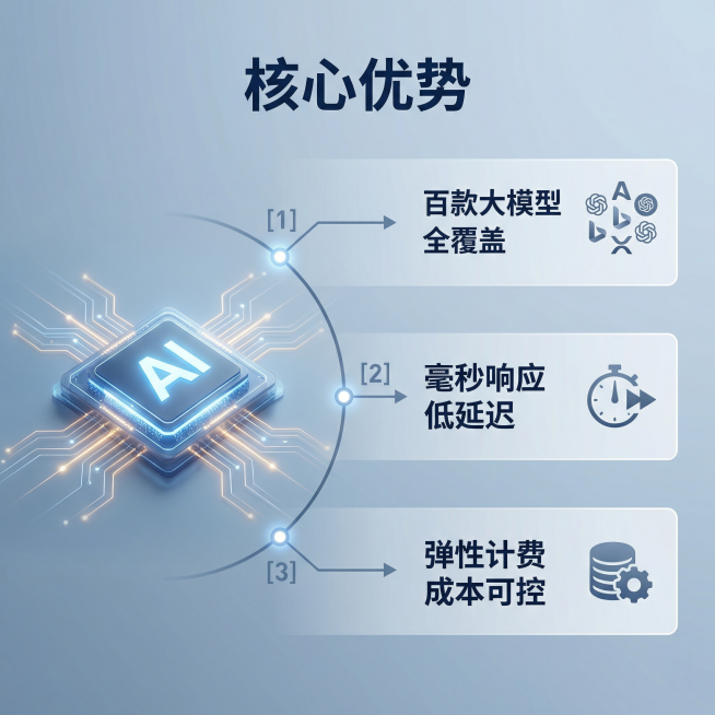 [主图 2] 大模型API核心功能亮点展示
[氛围风格] 现代科技简约风格，专业清晰，科技感统一
[画面元素] 商业摄影质感，光线柔和通透，产品清晰真实，画面干净高级。中心为抽象AI芯片连接图形，三条预览效果