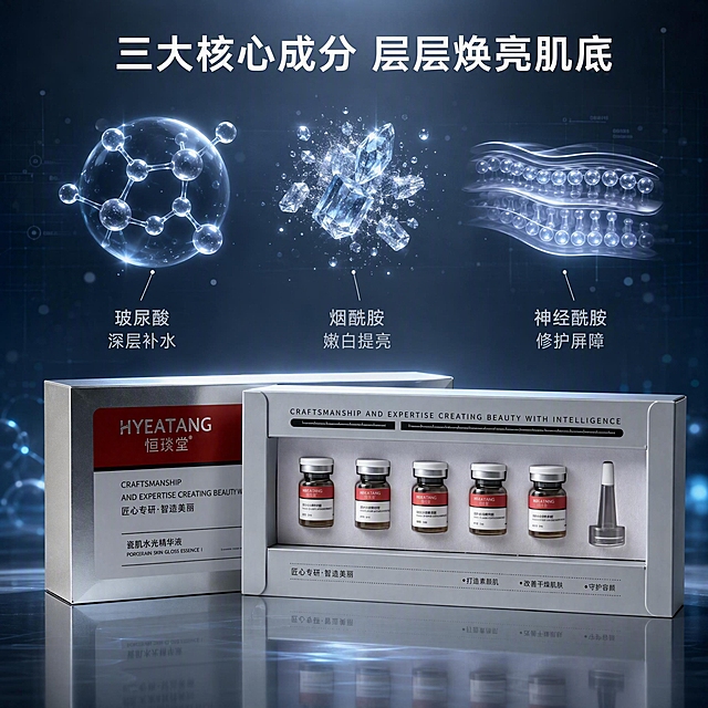 [主图-2] 水光精华液核心功效成分解析图
[氛围风格] 科研实验室风 成分可视化 通透医学质感
[画质] 商业摄影质感 高精度3D渲染 细节清晰锐利 画面干净专业
[元素] 恒琰堂瓷肌水光精华液套盒位于画面下方三分之一处 产品外观与输入图完全一致 银灰包装盒与五支安瓶清晰可见 上方空间悬浮三组3D微观成分结构 左侧透明质酸分子球立体网状结构 中间烟酰胺晶体颗粒闪烁 右侧神经酰胺层状结构 每组成分用极细银灰色引线连接到对应功效标签 背景为深灰蓝色渐变实验室氛围 点缀微弱网格线与光点 底部有轻微反光台面 保持产品物理结构材质颜色与输入图一致 杜绝变形和色差 商品主体占比约40% 画面满屏无边框
[光影] 顶部冷白光主光源 成分结构自发光效果 侧方轮廓光勾勒产品边缘 整体冷调科技光感 明暗层次丰富
[配色] 主色调深空灰蓝 辅助色冰蓝+银白+品牌红点缀
[视角构图] 平视角度 上下构图 产品在下 成分在上 视觉动线由上至下 景深较大
[文字版式] 画面上方居中主标题"三大核心成分 层层焕亮肌底" 白色大号粗体无衬线 三组成分旁分别标注对应功效 左"玻尿酸 深层补水" 中"烟酰胺 嫩白提亮" 右"神经酰胺 修护屏障" 银灰色中等字号 简洁现代 文字全部放在负空间 不遮挡产品
[输出要求] 1:1比例 文字清晰可辨 超高清商业摄影质感
[负向提示词] 变形 文字错乱 产品模糊 背景杂乱 水印 电商平台Logo 多余手指 手部扭曲