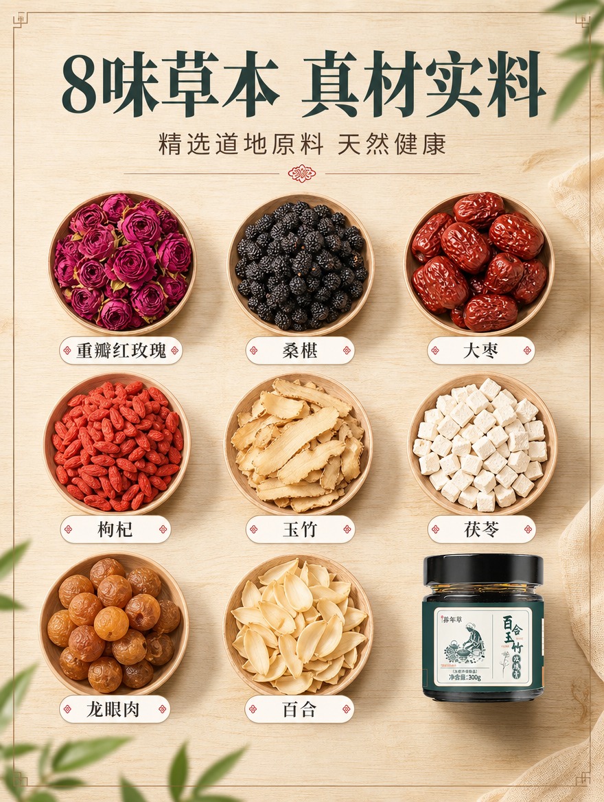 [商品] 使用【图1】百合玉竹玫瑰膏产品图；保留全部包装原貌；… - 图片创意预览