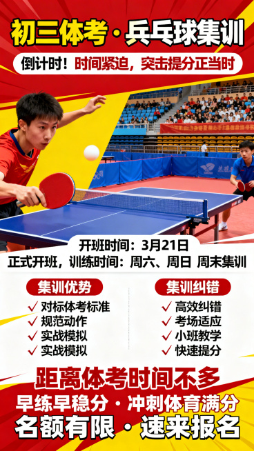 体育招生宣传海报，主标题文字是"初三体考・乒乓球集训"，副标题文字是"倒计时！时间紧迫，突击提分正当时"，开班信息文字是"开班时间：3月21日 正式开班，训练时间：周六、周日 周末集训"，集训优势列表预览效果