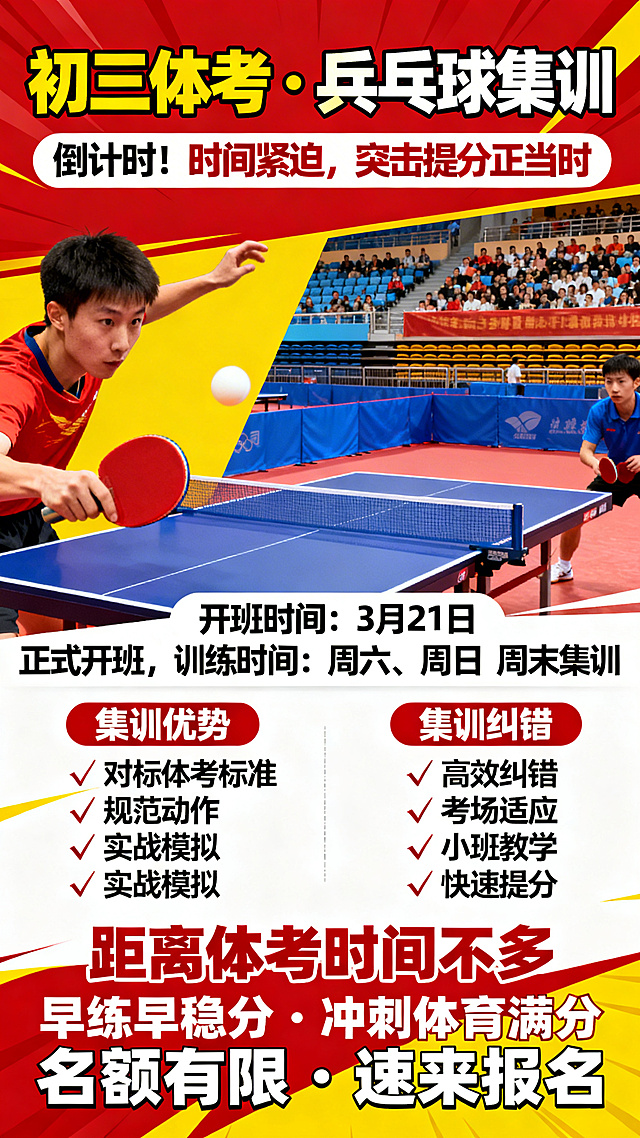 体育招生宣传海报，主标题文字是"初三体考・乒乓球集训"，副标题文字是"倒计时！时间紧迫，突击提分正当时"，开班信息文字是"开班时间：3月21日 正式开班，训练时间：周六、周日 周末集训"，集训优势列表是"✅ 对标体考标准✅ 规范动作 高效纠错✅ 实战模拟 考场适应✅ 小班教学 快速提分"，底部标语文字是"距离体考时间不多 早练早稳分・冲刺体育满分 名额有限・速来报名"，运动活力风格，以乒乓球运动元素和赛场为背景，色彩鲜艳醒目