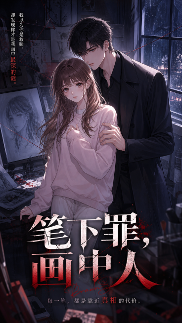 漫剧封面，9:16比例，根据参考图女主形象，添加男主，男女主有互动，氛围感悬疑风格，背景非纯白色，添加剧名文字"笔下罪，画中人"预览效果