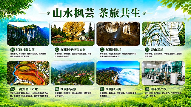 增强这张茶旅宣传海报的整体色彩对比度，让绿色背景更鲜亮，各个景点图片颜色更鲜明通透，提升整体画面清晰度和视觉冲击力，保留原有文字内容和排版布局不变