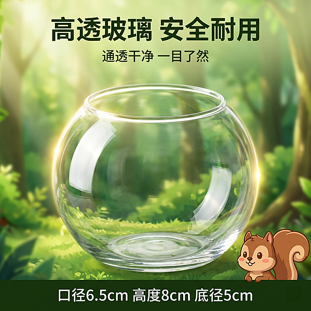 [主图 3] 掌上鱼缸材质细节展示图。[氛围风格] 森林卡通风格，真实质感，清新自然。[画质] 商业摄影真实质感，光线柔和通透，产品清晰真实，画面干净高级。[元素] 特写圆形透明玻璃鱼缸，展示高硼硅玻璃通透材质，鱼缸边缘光滑切割细节清晰，透过玻璃可以看到后方的绿色森林背景。保持玻璃鱼缸产品外形结构尺寸与输入产品图一致，绝对不能变形。画面右下角点缀一只卡通小松鼠探头。商品主体占比约 70%，画面无边框。[光影] 侧逆光突出玻璃通透质感，边缘有漂亮的高光轮廓，整体明亮干净。[配色] 背景清新绿色，透明玻璃，点缀卡通松鼠棕色。[视角构图] 特写平视视角，突出玻璃材质细节，景深较浅背景虚化。[文字版式] 顶部居中主标题「高透玻璃 安全耐用」，加粗深绿色，下方小字说明「通透干净 一目了然」。底部文字标注尺寸数据：「口径6.5cm 高度8cm 底径5cm」，清晰排列。[比例分辨率] 1:1 比例，2k 分辨率，文字清晰可辨，超高清。[负向提示词] 变形，水印，文字错乱，产品图模糊，背景杂乱，玻璃质感失真。