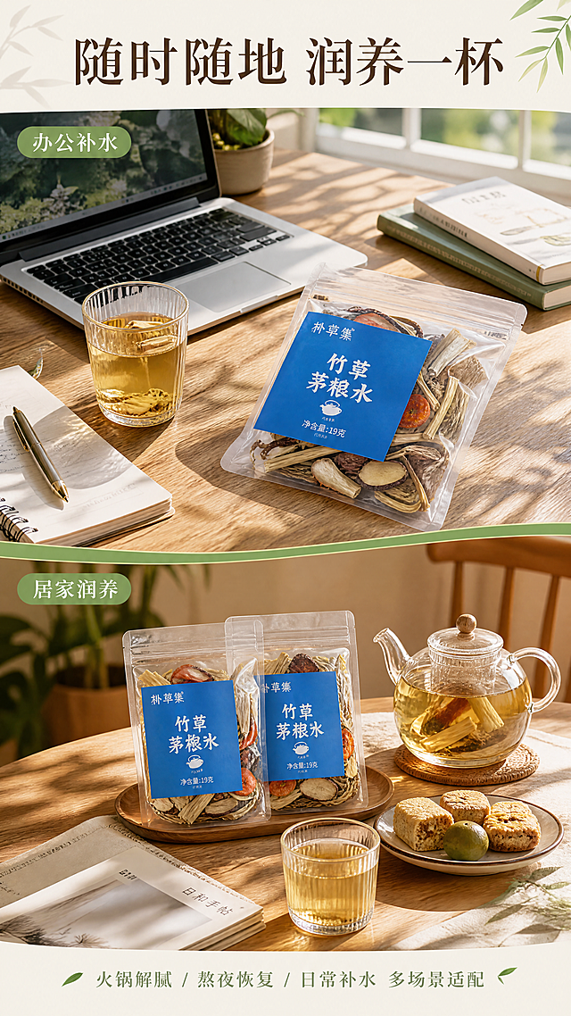 [第5屏] 场景种草屏-竹蔗茅根水多场景饮用展示。本屏使用【图1】作为产品包装参考。
[氛围/风格] 生活方式场景风，温馨自然，真实居家/办公氛围，商业摄影质感。
[元素布局] 画面采用上下两段竖拼场景：上段为办公场景——木质办公桌上放着笔记本电脑、一杯泡好的竹蔗茅根水、一袋产品（包装与输入图一致），阳光从窗边照入；下段为居家下午茶场景——原木餐桌上有书籍、小点心、茶壶和两袋产品，温馨暖光；两段之间有竹青色分隔条。
[光影质感] 上段自然光清新明亮，下段暖光温馨柔和，两个场景光影自然统一。
[配色色系] 全局底色 #F7F3EB（浅米白）；主色暖木棕 #B8956E；辅助色竹青 #7BA05B、产品蓝 #2B7DCC。
[视角构图] 竖拼双场景，上场景45°俯视，下场景平视微俯，阅读动线从上到下。
[文字版式] 顶部大标题「随时随地 润养一杯」，温润宋体，深棕色；上段场景角标「办公补水」，下段场景角标「居家润养」，竹青色圆角标签；底部小字「火锅解腻 / 熬夜恢复 / 日常补水 多场景适配」。
[比例分辨率] 9:16 竖版比例，4K分辨率，文字清晰可辨，高清画质。
[负向提示词] 包装变形，场景虚假，文字错乱，水印，颜色偏差，产品模糊。
