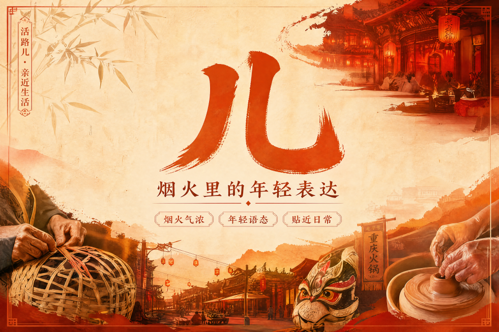 新中式国风品牌海报，主题阐释活路儿品牌的"儿"，主标题大字"儿"，副标题"烟火里的年轻表达"，角落小字装饰"活路儿 · 亲近生活"，卖点文字：烟火气浓 年轻语态 贴近日常。画面融入川渝市井生活烟火元素预览效果