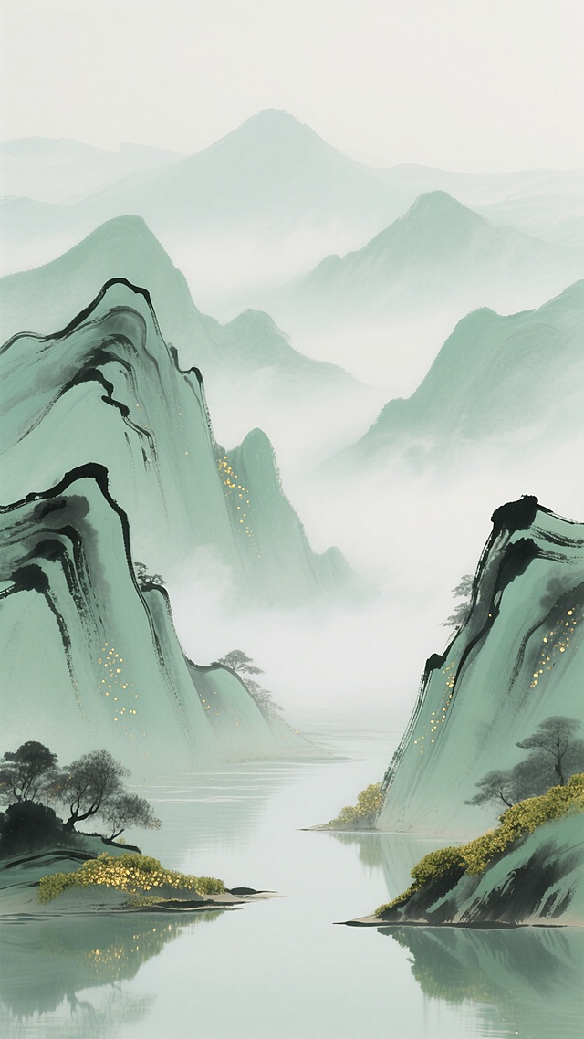 中国水墨画风格的山水背景，画面整体呈现干净淡雅的视觉效果，以柔和的浅绿色为主色调，搭配大量留白营造出空灵悠远的意境。层叠的山峦轮廓用流畅的墨色线条勾勒，山体内部以渐变的浅绿色渲染，山脚和山脊处点缀着细密的金色闪光点，仿佛清晨阳光下的露珠或金色苔藓。山间弥漫着淡淡的白色雾气，与远山融为一体，形成朦胧的层次感。近处的河谷水面平静如镜，倒映着两岸的山峦，整个画面笔触细腻，墨色晕染自然，充满东方禅意美学，适合作为背景素材使用。