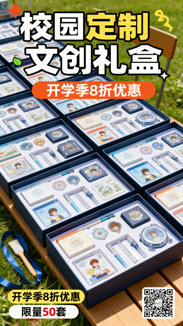 青春活力风格的开学季校园文创礼盒促销海报，画面主体是摆放整齐的文创礼盒实物，海报顶部添加大标题“校园定制文创礼盒”，醒目标注促销文案“开学季8折优惠”和“限量50套”，海报右下角预留购买二维码位置，整预览效果