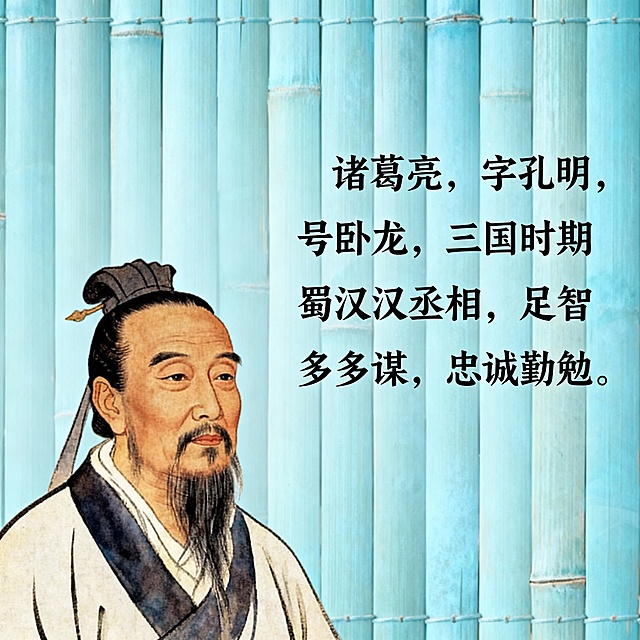 三国演义诸葛亮故事PPT，用于小学生三分钟讲述，内容分人物介绍、历史典故事、历史评价三部分，要求图文版不要卡通图片，增加互动问答环节设计，添加诸葛亮名言图片效果，制作简易时间轴时间线，整体通俗易懂、一目了然。