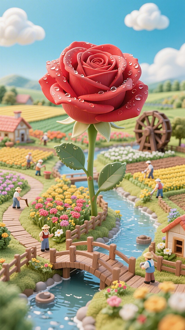 玫瑰花作为视觉中心，小桥流水，栈道，远处有水车和农田种满了鲜花，农民，蓝天白云