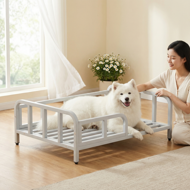 浅灰色金属框架狗床，保持原产品物理结构绝对不变，床下面没有轮子，床腿没有额外东西，床上没有床垫。产品主体不变形不扭曲。
三分法构图，主体占画面70%，平稳放置在原木温馨客厅的木地板上，有清晰接触阴影，预览效果