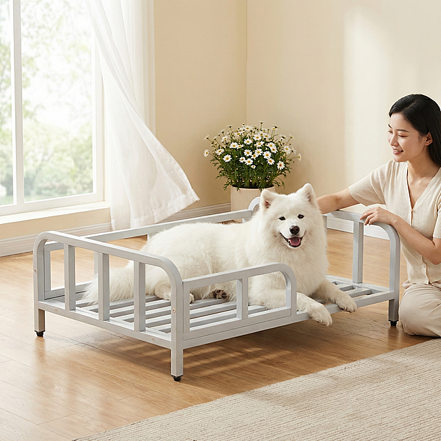 浅灰色金属框架狗床，保持原产品物理结构绝对不变，床下面没有轮子，床腿没有额外东西，床上没有床垫。产品主体不变形不扭曲。
三分法构图，主体占画面70%，平稳放置在原木温馨客厅的木地板上，有清晰接触阴影，拒绝微缩模型感。
浅奶白色温馨墙面，搭配浅原木色地毯，大落地窗透进柔白光线，小清新家庭室内氛围。
床上趴着一只开心的萨摩耶，画面右侧有一位东亚女孩温柔抚摸狗狗，姿态松弛自然。
柔和明亮漫射暖光，左侧透窗打入，阴影极淡柔和，画面明亮干净，低对比度。
窗边微风飘动白纱帘，角落摆放白色小雏菊盆栽，营造生活氛围与生机。
商业温馨家居摄影，8K分辨率，极高材质细节，干净通透，小清新治愈风格。保持 1:1 画面比例。