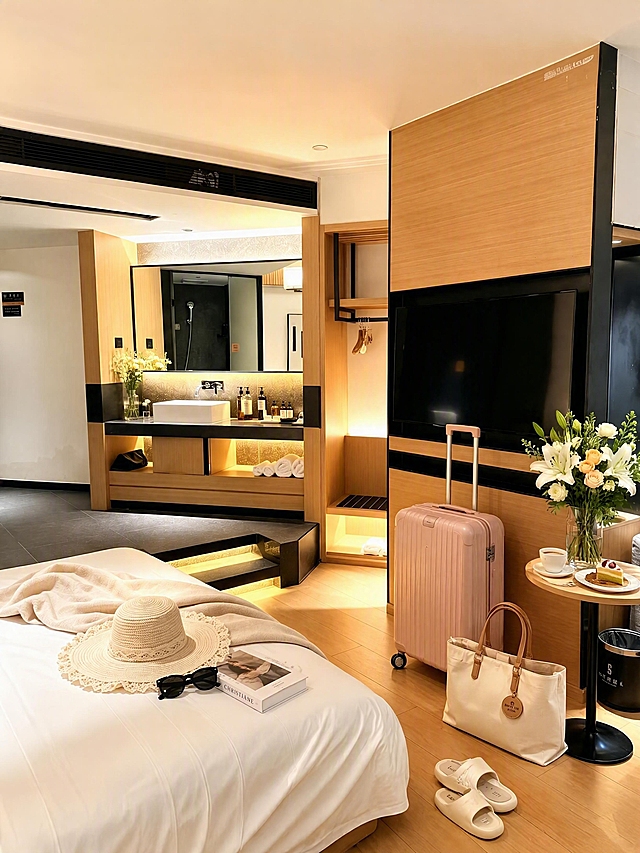 基于原图酒店大床房场景进行优化重绘：整体色调明亮通透，不压暗，避免阴沉发灰；滤镜不过黄，保留原图亮度和自然暖色调，画面真实协调。增强酒店生活感和入住感，丰富摆件物品：床上草帽旁加一副墨镜和一本书，洗手台增加护肤品、香薰、小花瓶，电视旁小桌上的花换成更丰富的插花，旁边加一杯咖啡和甜点，浅粉色行李箱保留并在旁边加一双拖鞋和一个包包，体现真实入住的氛围，物品摆放自然不繁杂，画面和谐有氛围感。小红书酒店民宿风格，真实感强，4K高清，独立出图不拼图，3:4竖版比例。